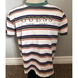 Vintage GUESS Shirt Mens Large Multicolor Stripe EST 1981 Logo Tee Crewneck 80s